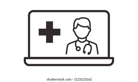 Online Doctor Icon. Vector isolated illustration of a doctor in a laptop