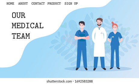 Online doctor landing page template for web or mobile app. Flat vector illustration with medical workers - doctor, nurse, surgeon, therapist, physician. Online medical support during quarantine.