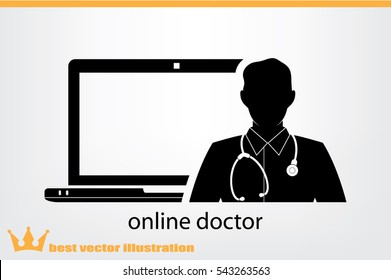 Online doctor, laptop icon vector illustration eps10. Isolated badge medical online consultation for website or app - stock infographics