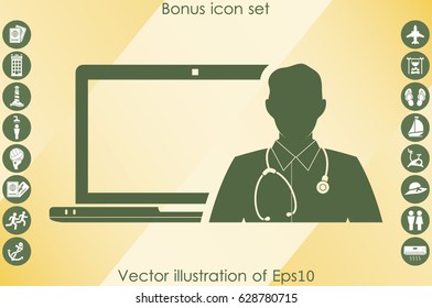 Online doctor, laptop icon vector illustration eps10. Isolated badge medical online consultation for website or app - stock infographics