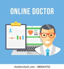 Online doctor. Doctor, laptop with patient account, clipboard with patient data and diagnosis. Creative flat design for website, web banner, infographics, printed materials. Modern vector illustration