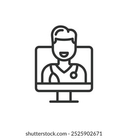 Médico on-line, em design de linha. Médico virtual, saúde digital, consulta, consulta médica on-line, saúde virtual sobre vetor de fundo branco. Ícone de traçado editável do médico on-line