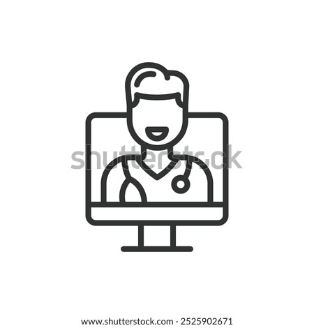 Online doctor, in line design. Virtual doctor, digital healthcare, consultation, online medical consultation, virtual healthcare on white background vector. Online doctor editable stroke icon