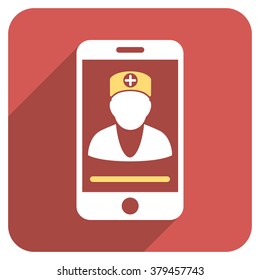 Online Doctor long shadow vector icon. Style is a light flat symbol on a red rounded square button.