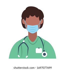 online doctor, male physician staff medical protection mask and stethoscope covid 19 vector illustration, flat style icon