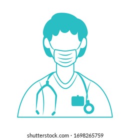online doctor, male physician staff medical protection mask and stethoscope covid 19 vector illustration, line style icon