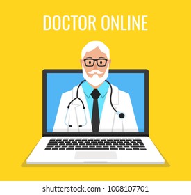 Online doctor man character look out laptop. Online medical consultation concept. Vector illustration.