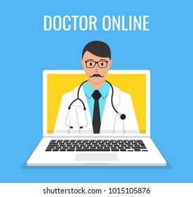 Online doctor man character look out laptop. Online medical consultation concept. Vector illustration.