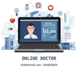 Online doctor man healthcare concept icon set. Doctor videocalling on a laptop. Online medical services, medical consultation. Floral background. Vector illustration for websites templates