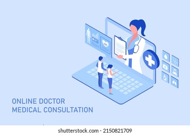 Online doctor and medical consultation concept. couple using laptop online connect to doctor vector illustration