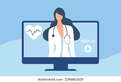 Médico en línea y concepto de consulta médica. Paciente que utiliza la consulta en línea con el servicio médico ilustración vectorial. Servicio médico en línea y concepto de telemedicina 