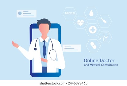 Online doctor and medical consultation concept. Woman using laptop online connect to doctor, doctor online vector illustration