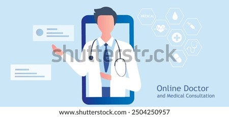 Online doctor and medical consultation concept. Woman using laptop online connect to doctor, doctor online vector illustration