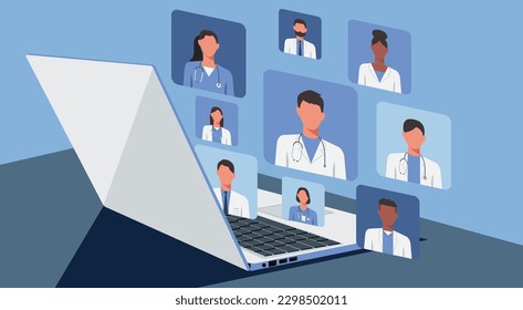 online doctor medical consultation meeting on laptop computer concept, flat vector illustration