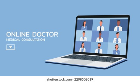 online doctor medical consultation meeting on laptop concept, flat vector illustration