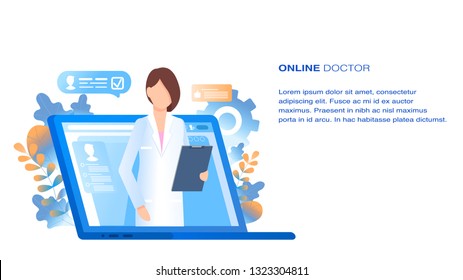 Online Doctor Medical Consultation and Support. Internet Computer Pharmacy Health Service. Woman with Tablet in Hand Appear from Laptop. Hospital Consult. Flat Cartoon Vector Illustration