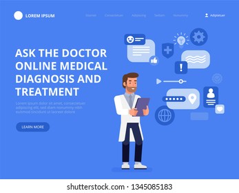 Online doctor. Medical consultation and support. Diagnosis and treatment. Ask the doctor. Vector flat illustration