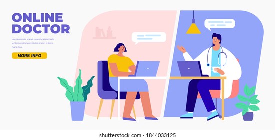 Online doctor. Online medical consultation and support. Healthcare services. Ask a doctor. Online medicine concept flat vector illustration.