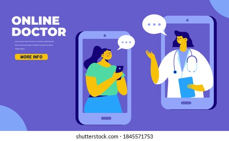 Online doctor. Online medical consultation and support via smartphone. Healthcare services. Ask a doctor. Online medicine concept flat vector illustration.