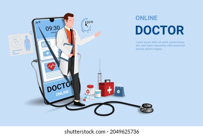 Online doctor and medical consultation .online tele medicine with male therapist on mobile phone. Online healthcare service, Ask doctor. 3D vector on sky blue background