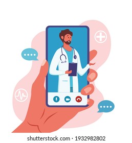 Online doctor medical consultation vector illustration. Cartoon flat human hand with smartphone with therapist character videocalling on the screen. Online medical advice consultation service concept.