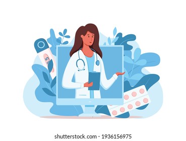 Online doctor medical consultation vector illustration. Cartoon flat design therapist with stethoscope on the laptop screen support. Online medical advice consultation service concept.