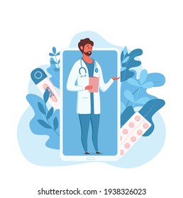 Online doctor medical consultation vector illustration. Cartoon flat design smartphone with therapist character videocalling on the screen. Online medical advice consultation service concept.