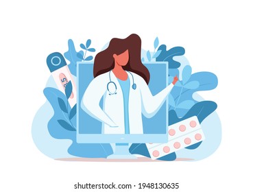 Online doctor medical consultation vector illustration. Cartoon flat human hand with smartphone with therapist character videocalling on the screen. Online medical advice consultation service concept.