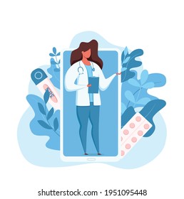 Online doctor medical consultation vector illustration. Cartoon flat design smartphone with therapist character videocalling on the screen. Online medical advice consultation service concept.