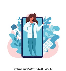 Online doctor medical consultation vector illustration. Cartoon flat human hand with smartphone with therapist character videocalling on the screen. Online medical advice consultation service concept.