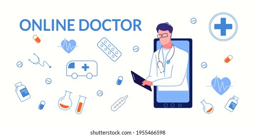 Online doctor. Online medical consultation. White background