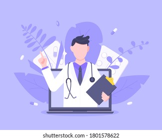 Online doctor medical service concept with doctor in the laptop vector illustration. Telemedicine web consultation for patients health care check ups and taking medicine prescription pills.