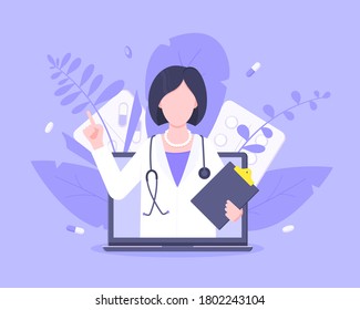 Online doctor medical service concept with doctor in the laptop vector illustration. Telemedicine web consultation for patients health care check ups and taking medicine prescription pills.