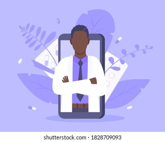 Online doctor medical service concept with doctor in the smartphone vector illustration. Telemedicine web consultation for patients health care check ups and taking medicine prescription pills.