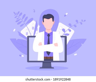 Online doctor medical service concept with doctor in the monitor screen vector illustration. Telemedicine web consultation for patients health care check ups and taking medicine prescription pills.