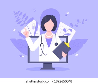 Online doctor medical service concept with doctor in the monitor screen vector illustration. Telemedicine web consultation for patients health care check ups and taking medicine prescription pills.