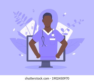 Online doctor medical service concept with doctor in the monitor screen vector illustration. Telemedicine web consultation for patients health care check ups and taking medicine prescription pills.