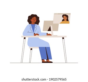 Online Doctor or Medical Service concept. Young woman has a video consultation on health issues with her doctor or Social Worker. Vector  illustration