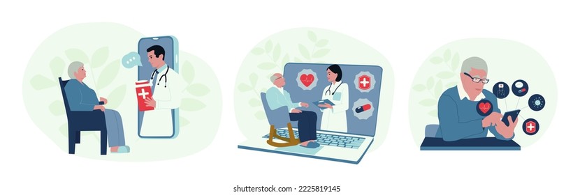 Online Doctor or Medical Service concept. Senior woman and man has a video consultation on health issues with doctor by phone, laptop in application. Telemedicine vector illustration