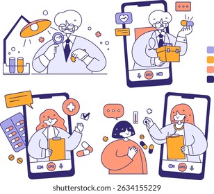Conceito de serviço médico médico on-line com médico na ilustração vetor laptop. Consulta via web de telemedicina para pacientes em check-ups de cuidados de saúde e tomar comprimidos de prescrição médica.