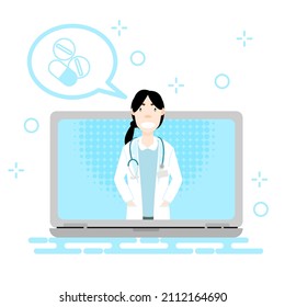 Online doctor. Medical technology concept. Flat design vector illustration. Doctor in laptop