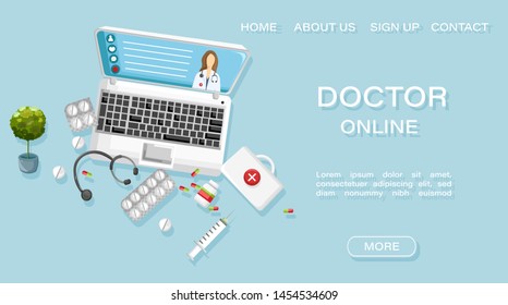 Online doctor medical treatment concept Vector. Note book and medicines flat style. Healthcare brochure page template