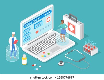 Online doctor, medical treatment, consulting with doctor in internet, website, physician or therapist online consulting patient with health problems, medicine, tablets, pills, test tubes, stethoscope