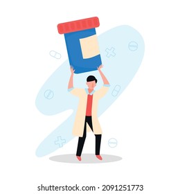 Online doctor medicine composition with character of doctor holding pack of pills above head vector illustration