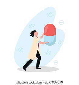 Online doctor medicine composition with human character of doctor holding pill capsule vector illustration