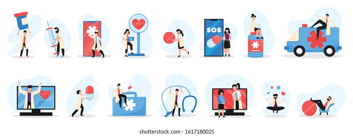 Online doctor medicine set of isolated compositions with medical appliance icons human characters and computer electronics vector illustration