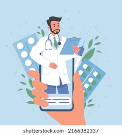 Online doctor with medicines. Man in medical gown makes diagnosis and chooses method of treatment. Pharmacist, application for online consultations with specialist. Cartoon flat vector illustration