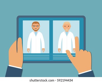 Online doctor. Mobile application of clinic. The Internet consultation for sick people. Medical service on the tablet. In flat style a vector. Health care diagnosis.