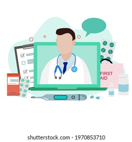 Online Doctor, A Doctor Nearing Stretto Scope On Laptop Screen, See Via A Doctor Online Gadget. Telemedicine  Concept With Elements Pills, Of Thermometer, Documents, Eye Drops, First Aid Kit