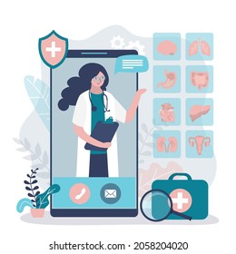 Online doctor offers to schedule full examination of internal organs. Nurse on phone screen offers to undergo medical check up. Concept of telemedicine services and healthcare.Flat vector illustration